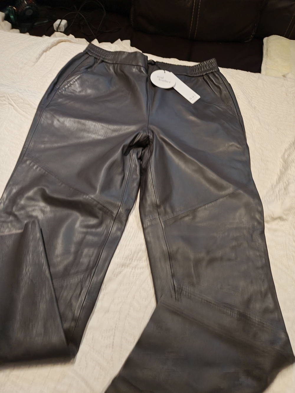 Real Leather Elastic-Waist Pants - GRAY 12 100% Leather